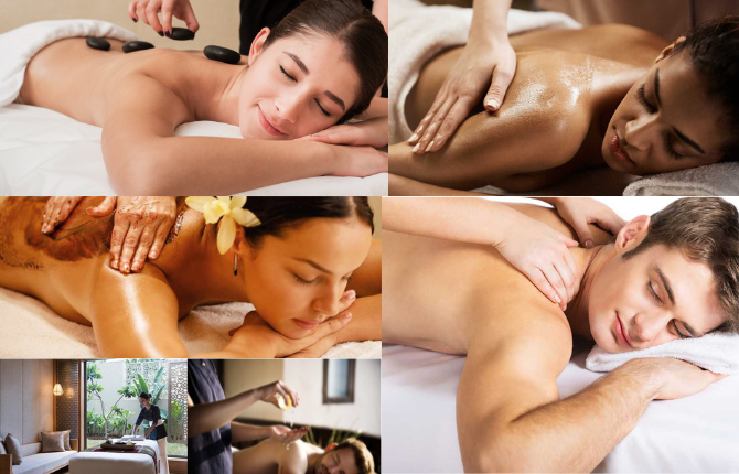 Multiple full body massage techniques illustrated in one image: relaxation, sports, and prenatal massages